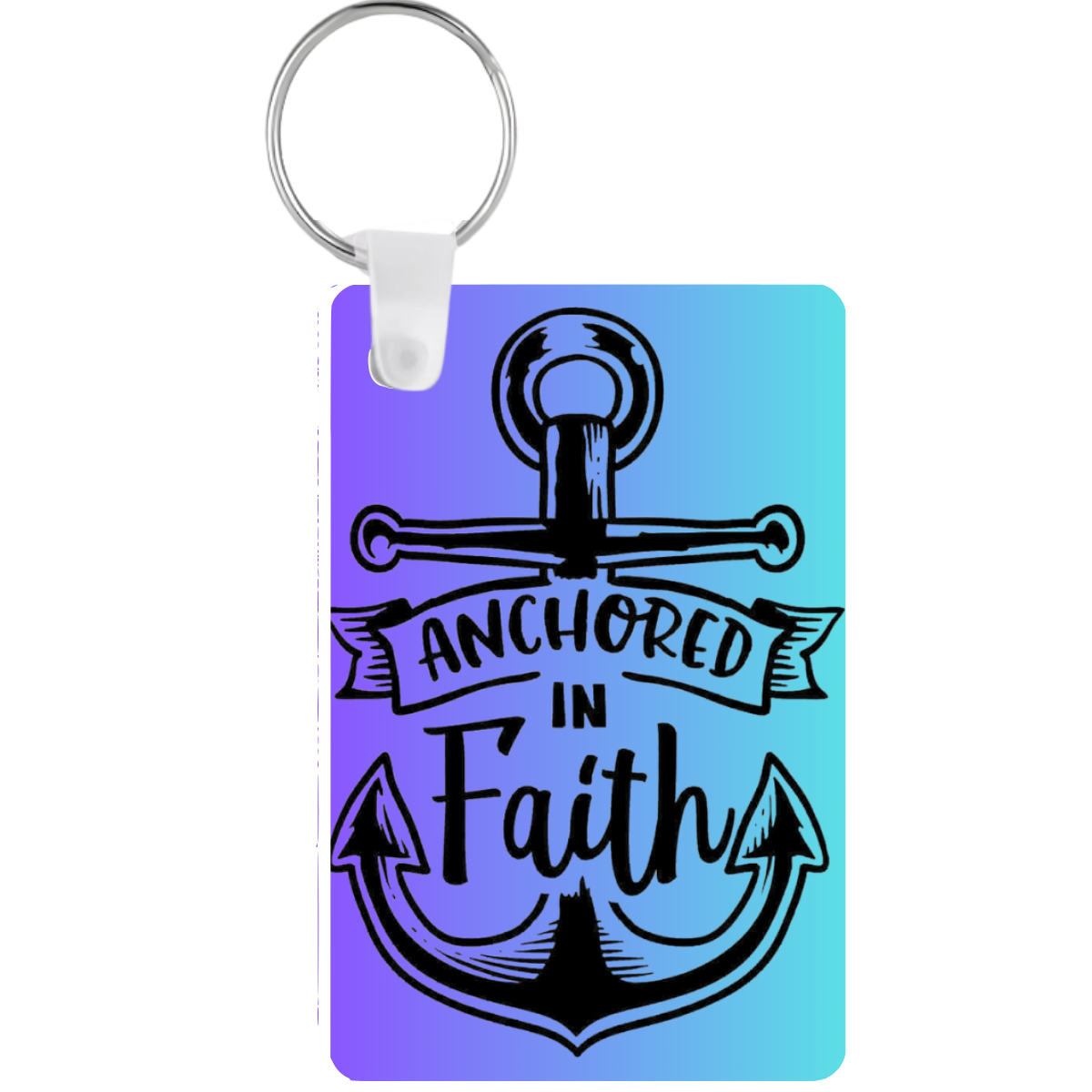 Keychain with anchor design and 'Anchored in Faith' text on a gradient blue and purple background.