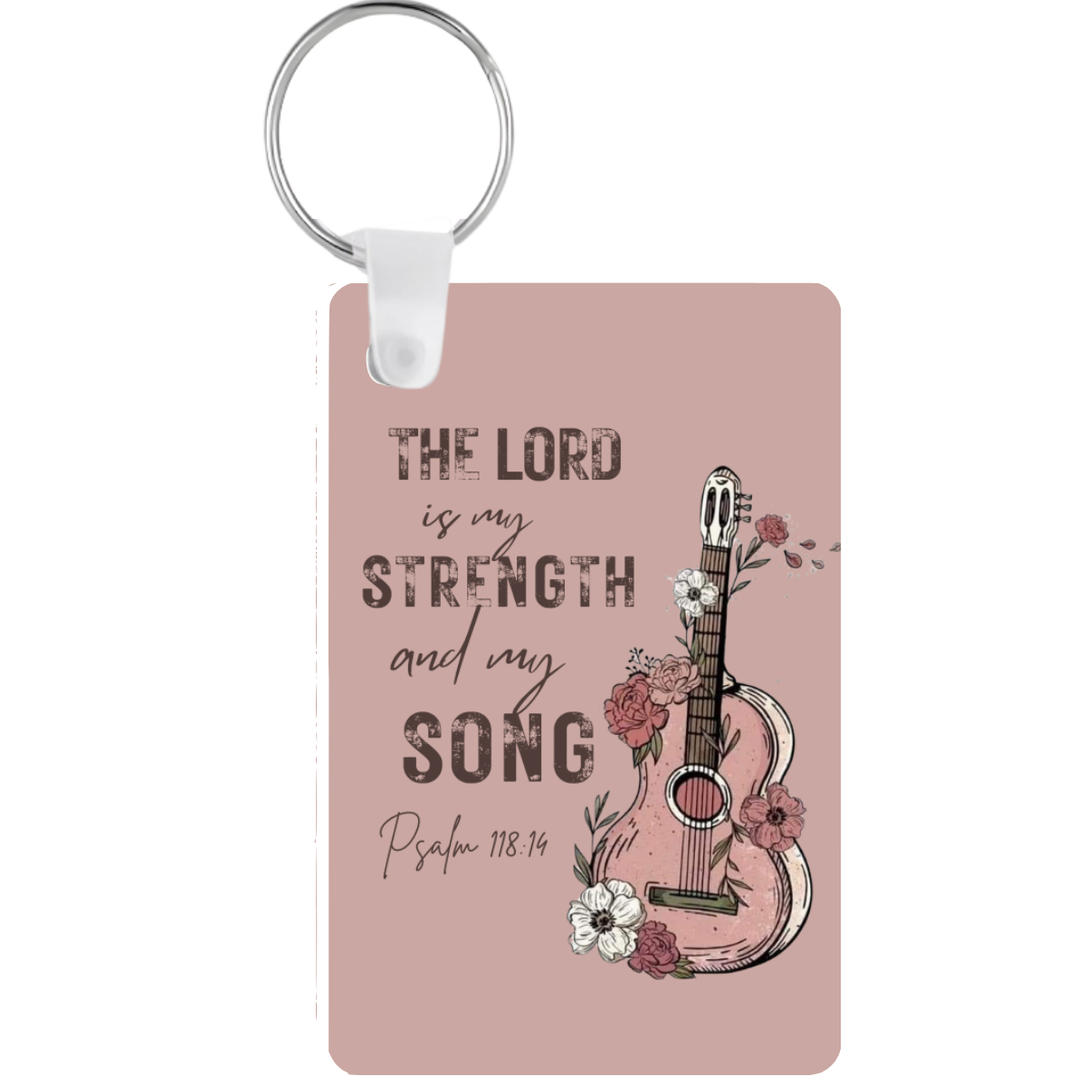 Keychain with guitar design and text on a pink background