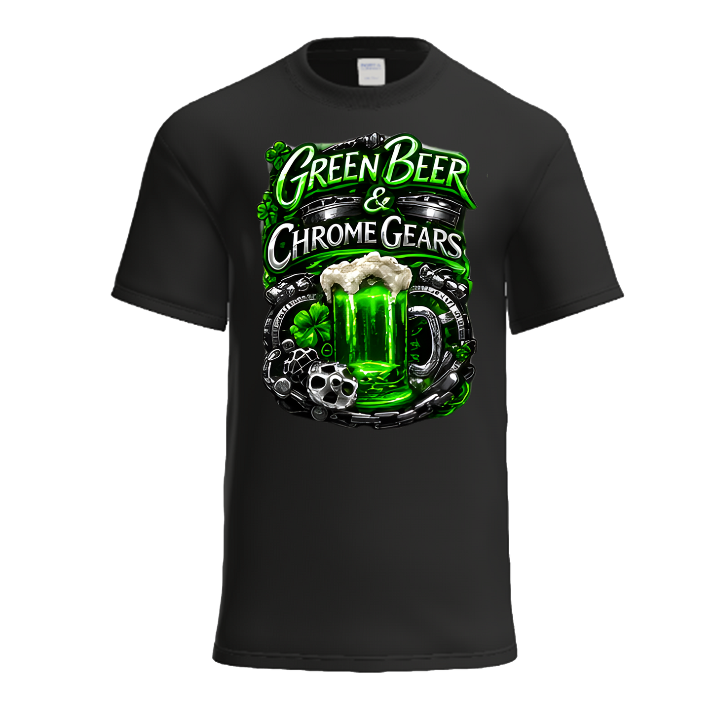Green Beer & Chrome Gears | Chrome Neon Shamrock Biker St. Patrick's Day Shirt