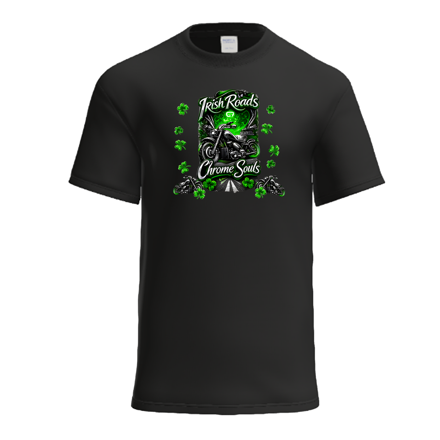 Irish Roads Chrome Souls | Chrome Neon Shamrock Biker St. Patrick's Day Shirt