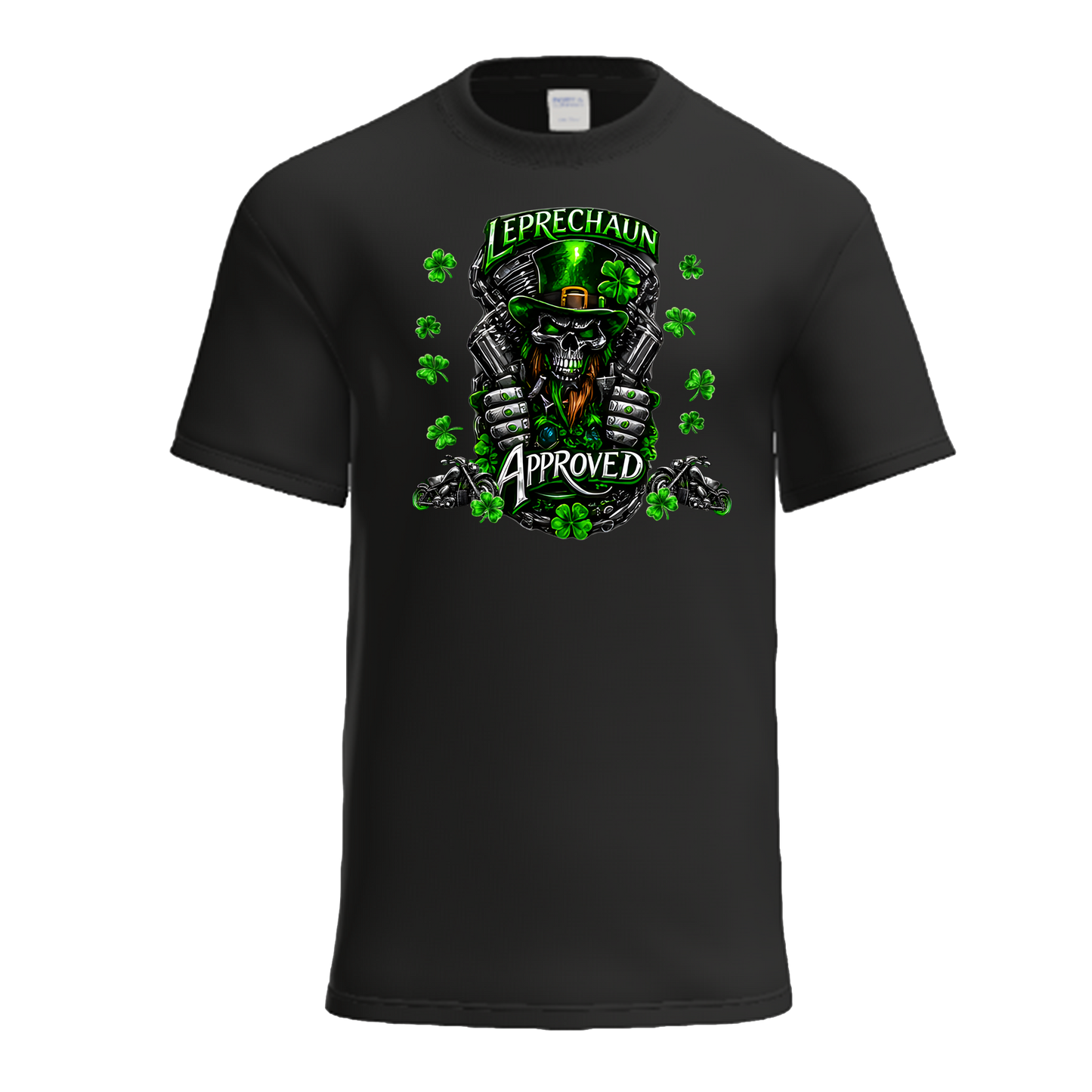 Leprechaun Approved | Chrome Neon Shamrock Biker St. Patrick's Day Shirt