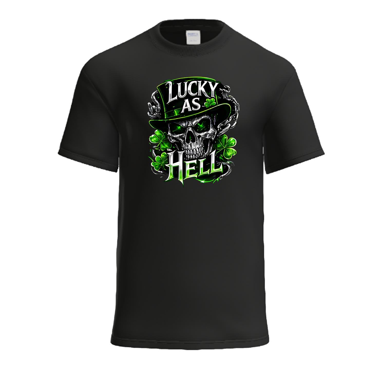 Lucky as Hell | Chrome Neon Shamrock Biker St. Patrick's Day Shirt