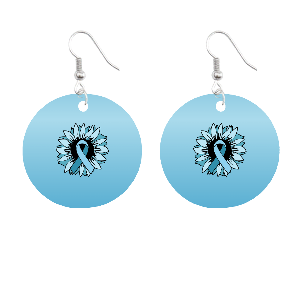 Blue circular earrings with a central black and blue ribbon design on a white background for prostate cancer awareness