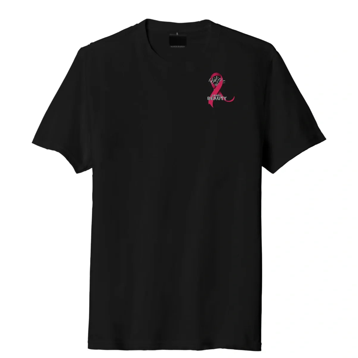 Black t-shirt with a pink ribbon and Bikers and Beauty logo on the chest.