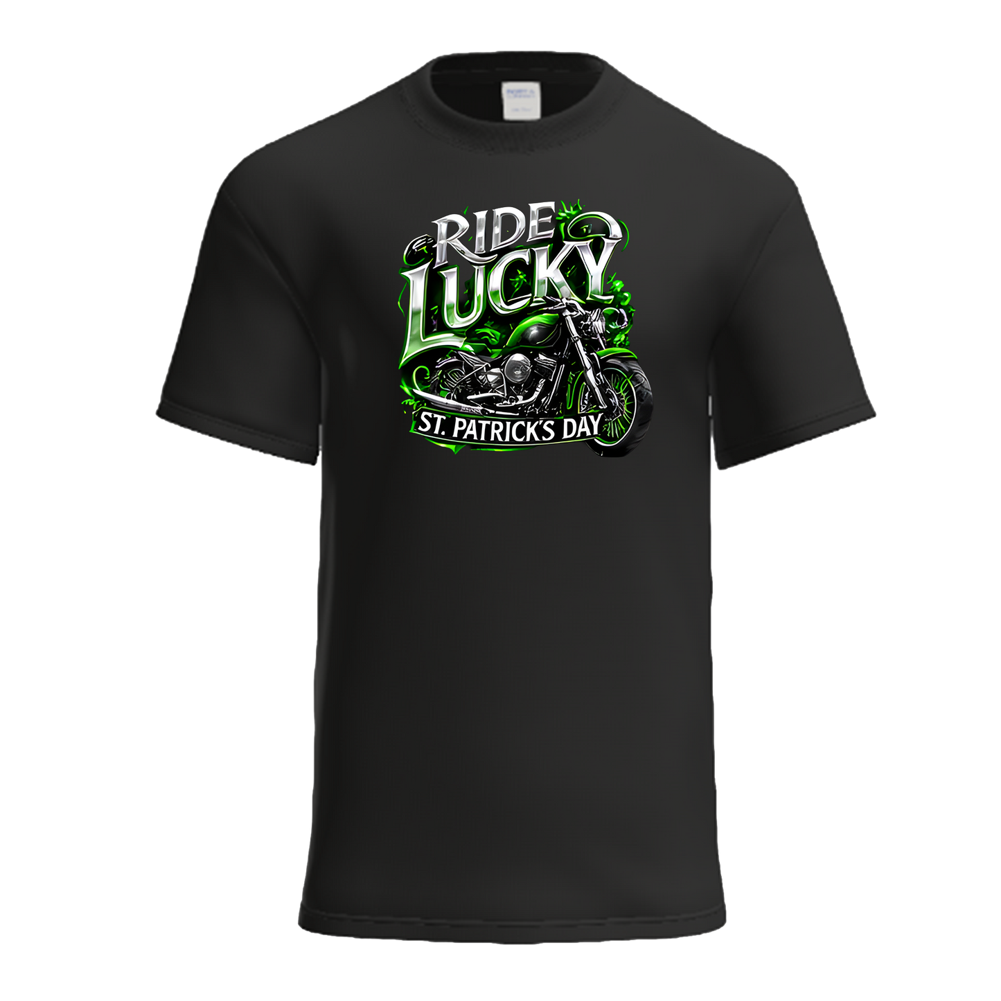 Ride Lucky St. Patrick's Day | Chrome Neon Shamrock Biker St. Patrick's Day Shirt