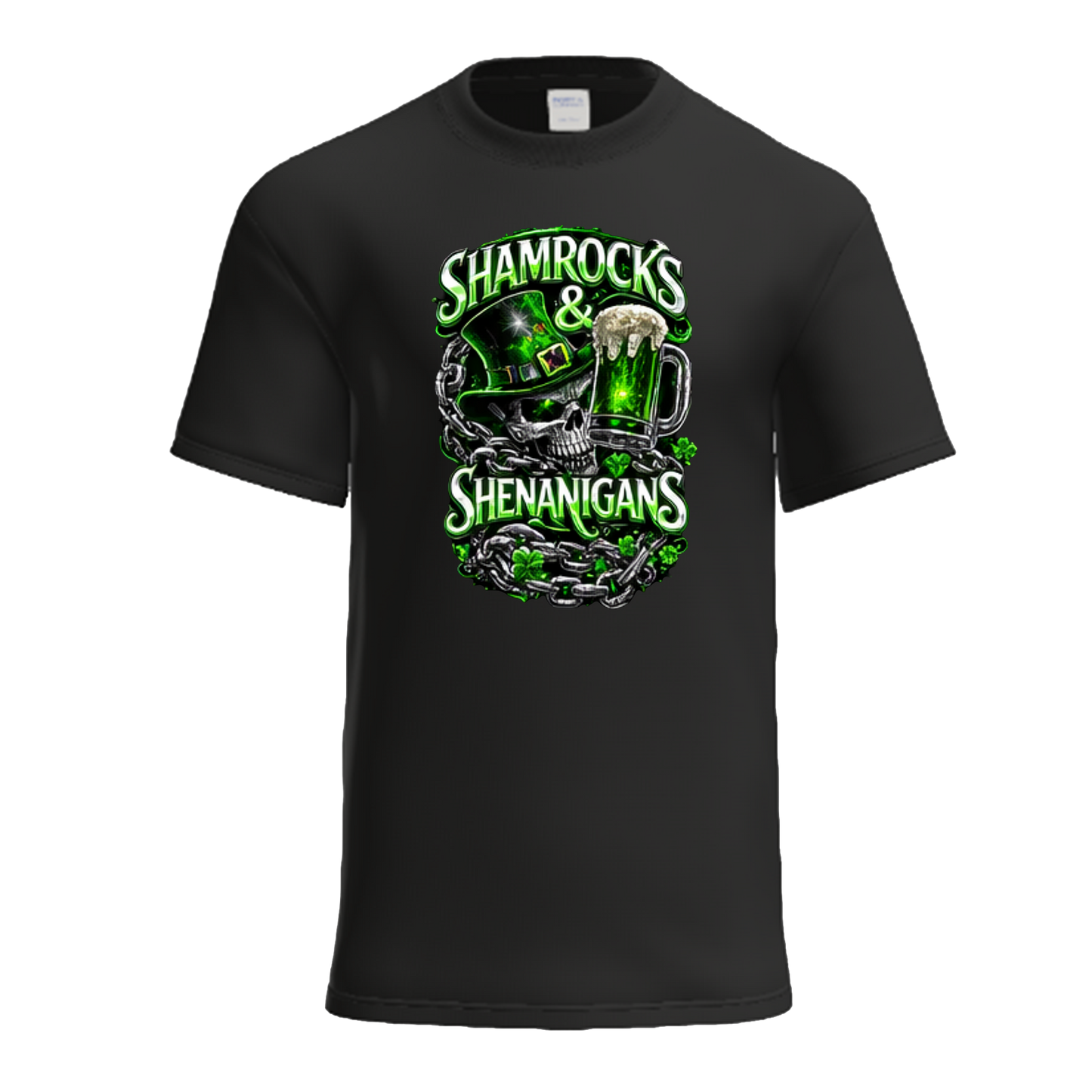 Shamrocks & Shenanigans | Chrome Neon Shamrock Biker St. Patrick's Day Shirt
