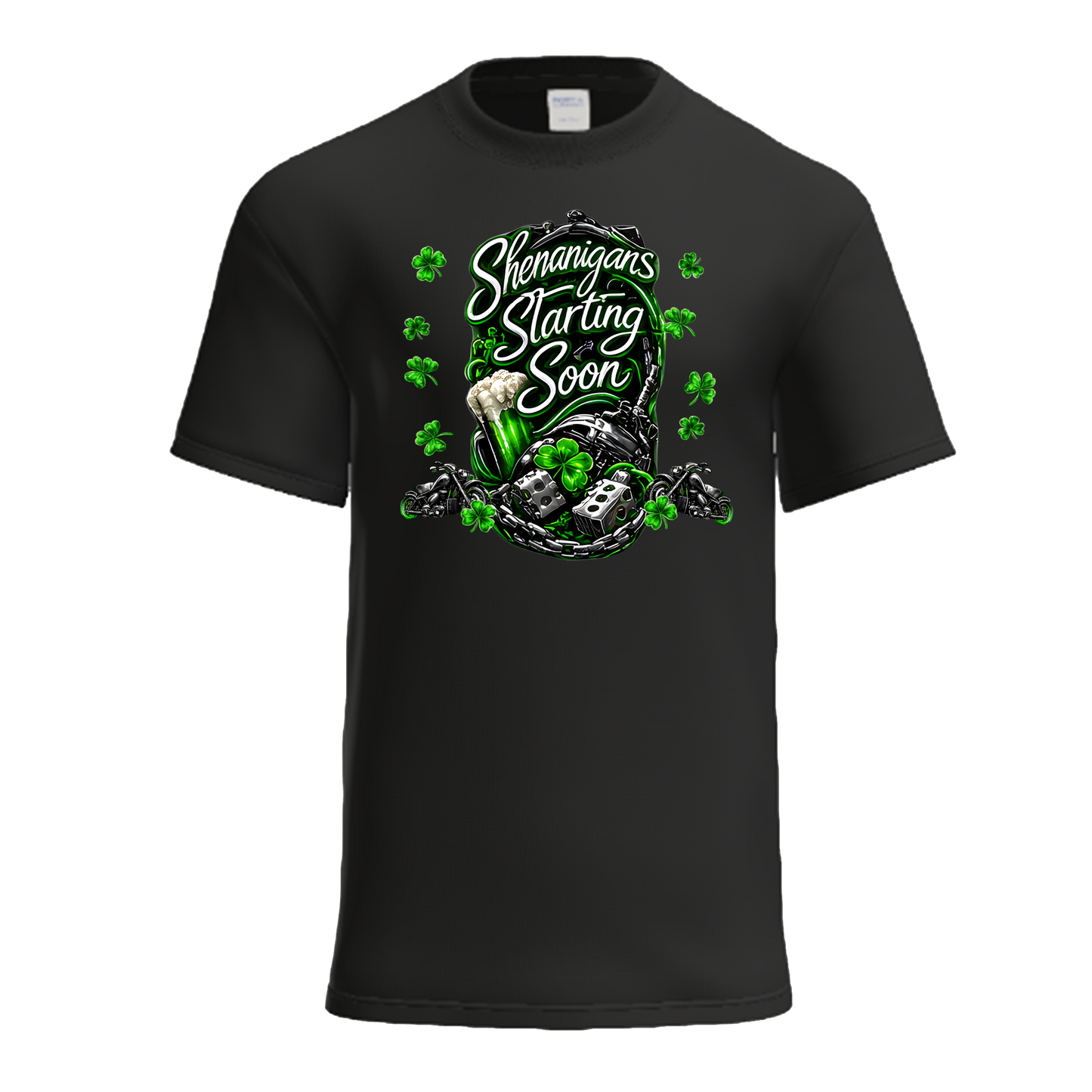 Shenanigans Starting Soon | Chrome Neon Shamrock Biker St. Patrick's Day Shirt