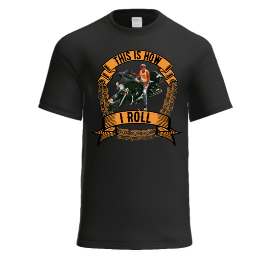 Black t-shirt with graphic design and text on a white background