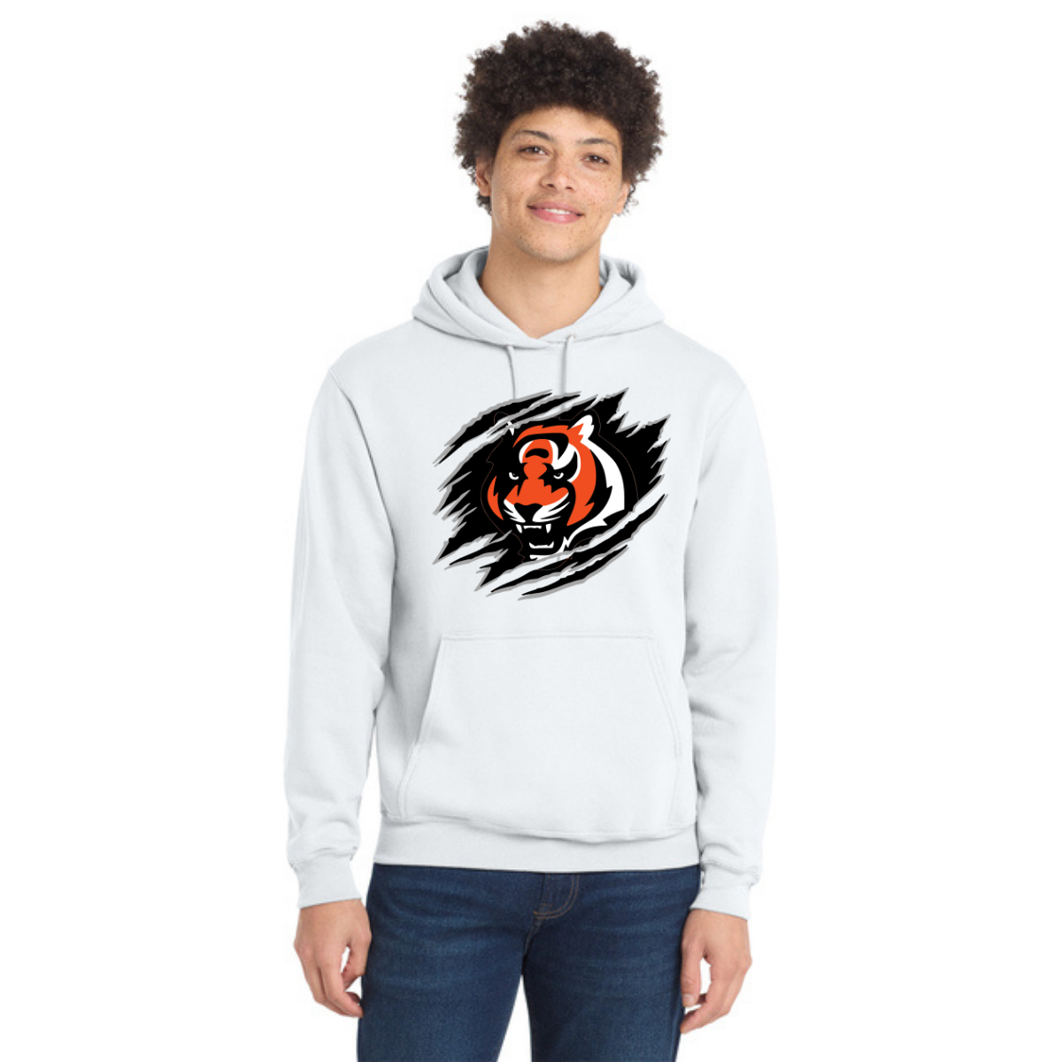 Person wearing a white hoodie with a tiger logo on a white background