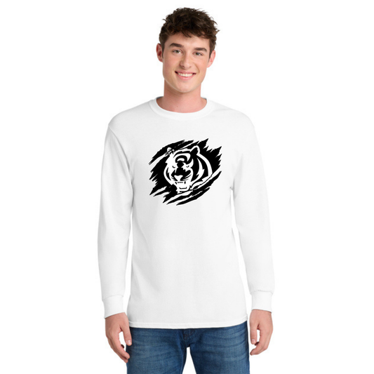 Person wearing a white long-sleeve shirt with a white tiger graphic on a black background