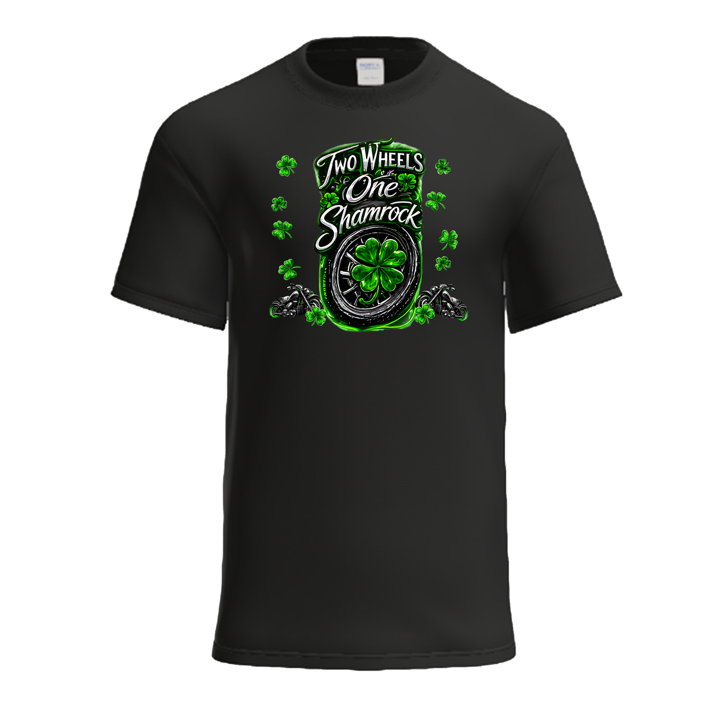 Two Wheels One Shamrock | Chrome Neon Shamrock Biker St. Patrick's Day Shirt