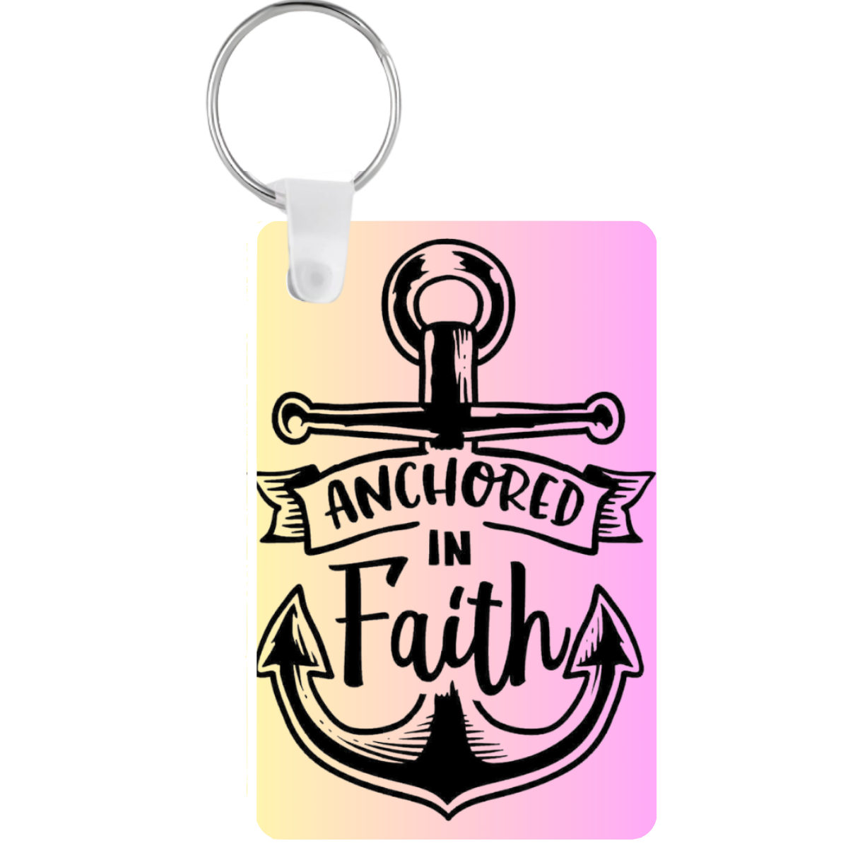 Keychain with anchor design and 'Anchored in Faith' text on a gradient background