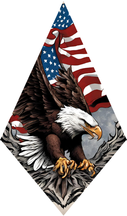 Eagle holding an American flag with a diamond-shaped design