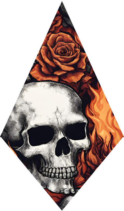 Diamond-shaped design with a skull and orange roses on fire.
