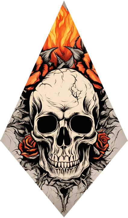 Skull design with roses and flames on a white background