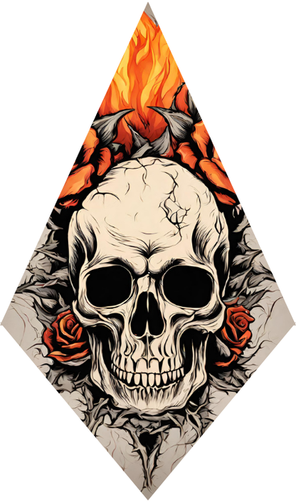 Skull design with roses and flames on a white background