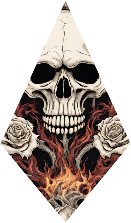 Skull design with roses and flames on a white background