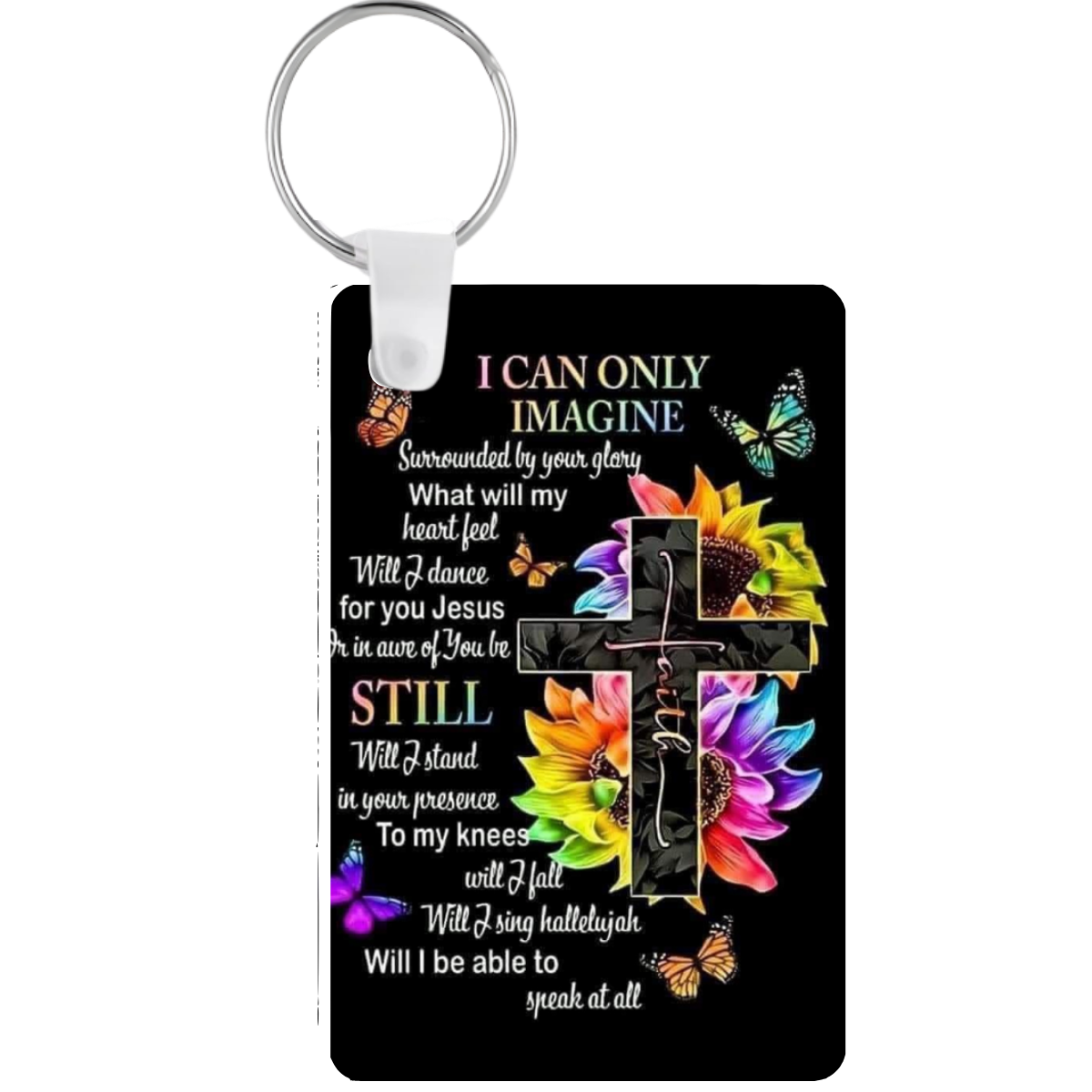 Keychain with cross, flowers, and text on a black background