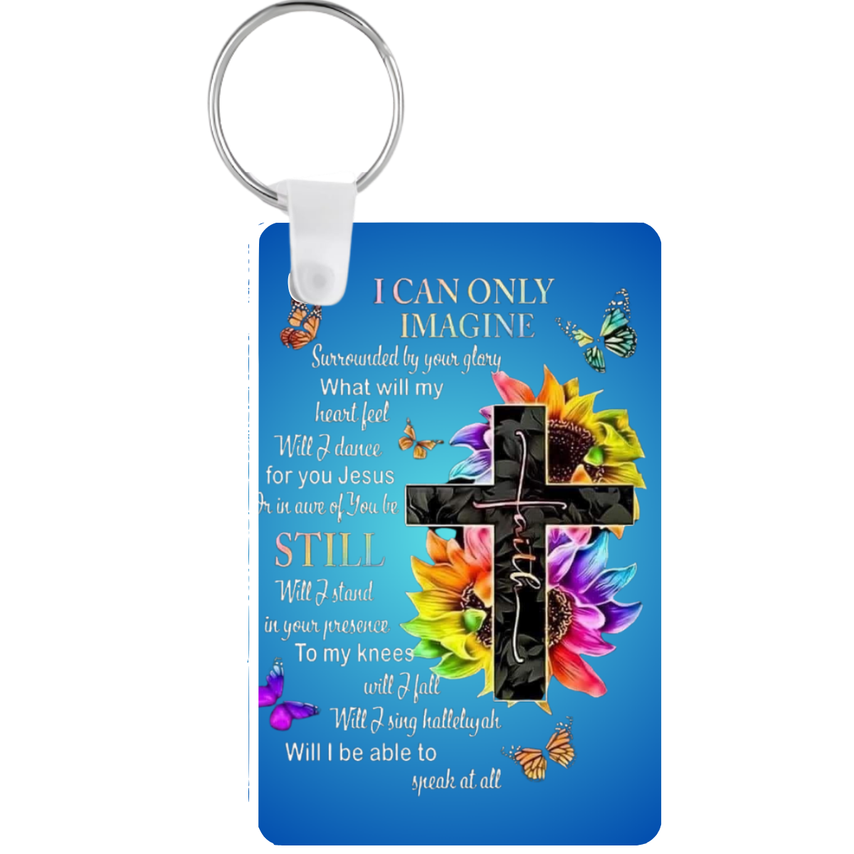 Keychain with cross design, flowers, and text on a blue background