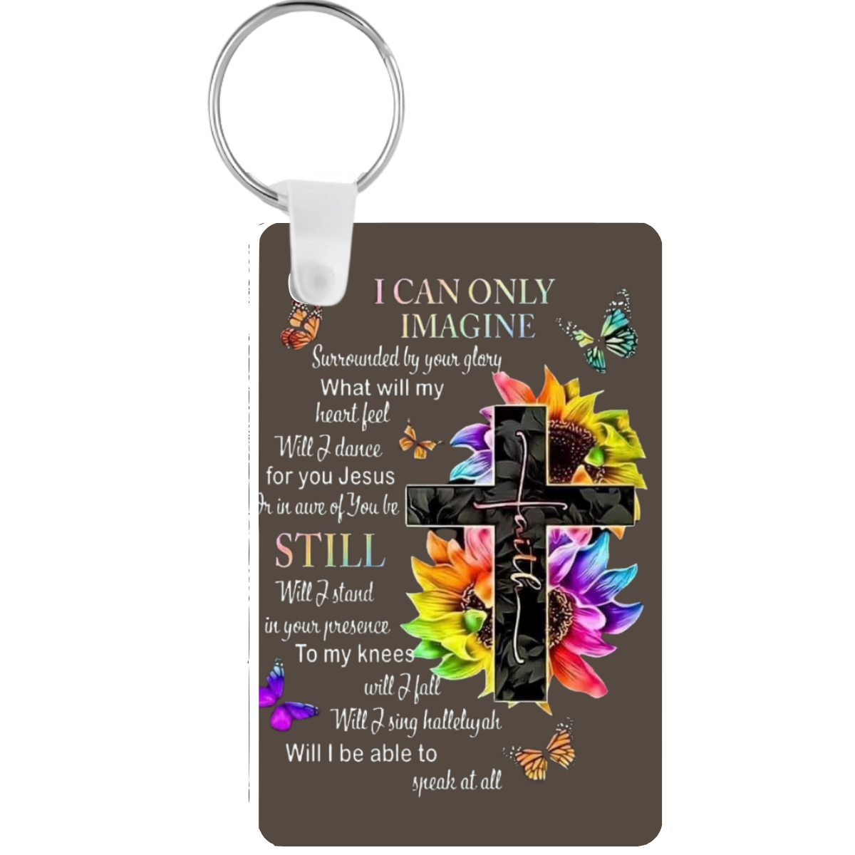 Keychain with cross, flowers, and butterflies on a dark background with text.