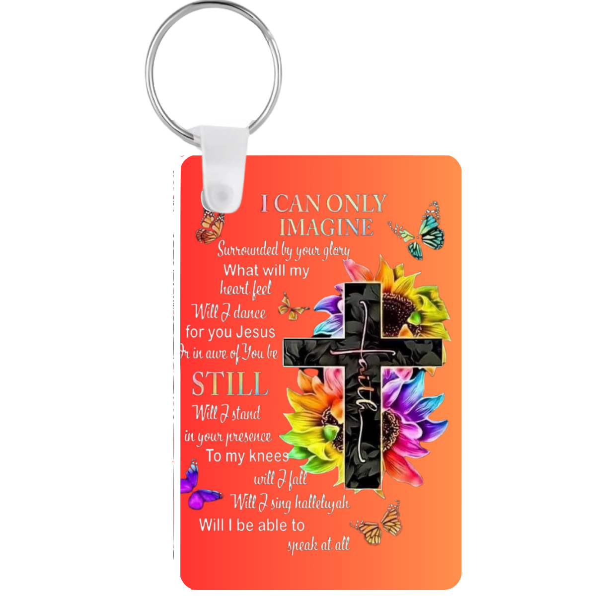 Keychain with cross design, flowers, and butterflies on an orange background with text.