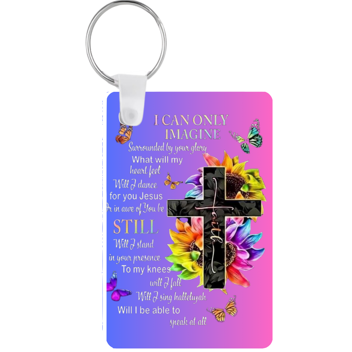 Keychain with cross design, flowers, and text on a colorful background