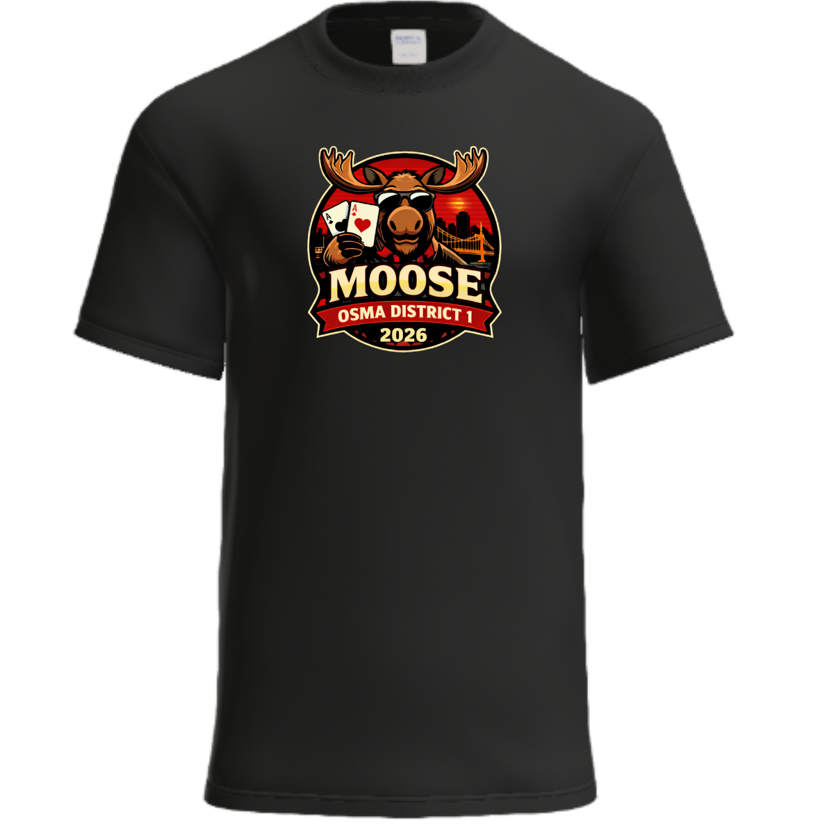 Black t-shirt with a Moose holding poker cards in front of the Cincinnati Skyline during sunset with text "OSMA District 1" and "2026".