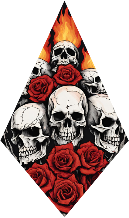 Diamond-shaped design with skulls and red roses on a white background