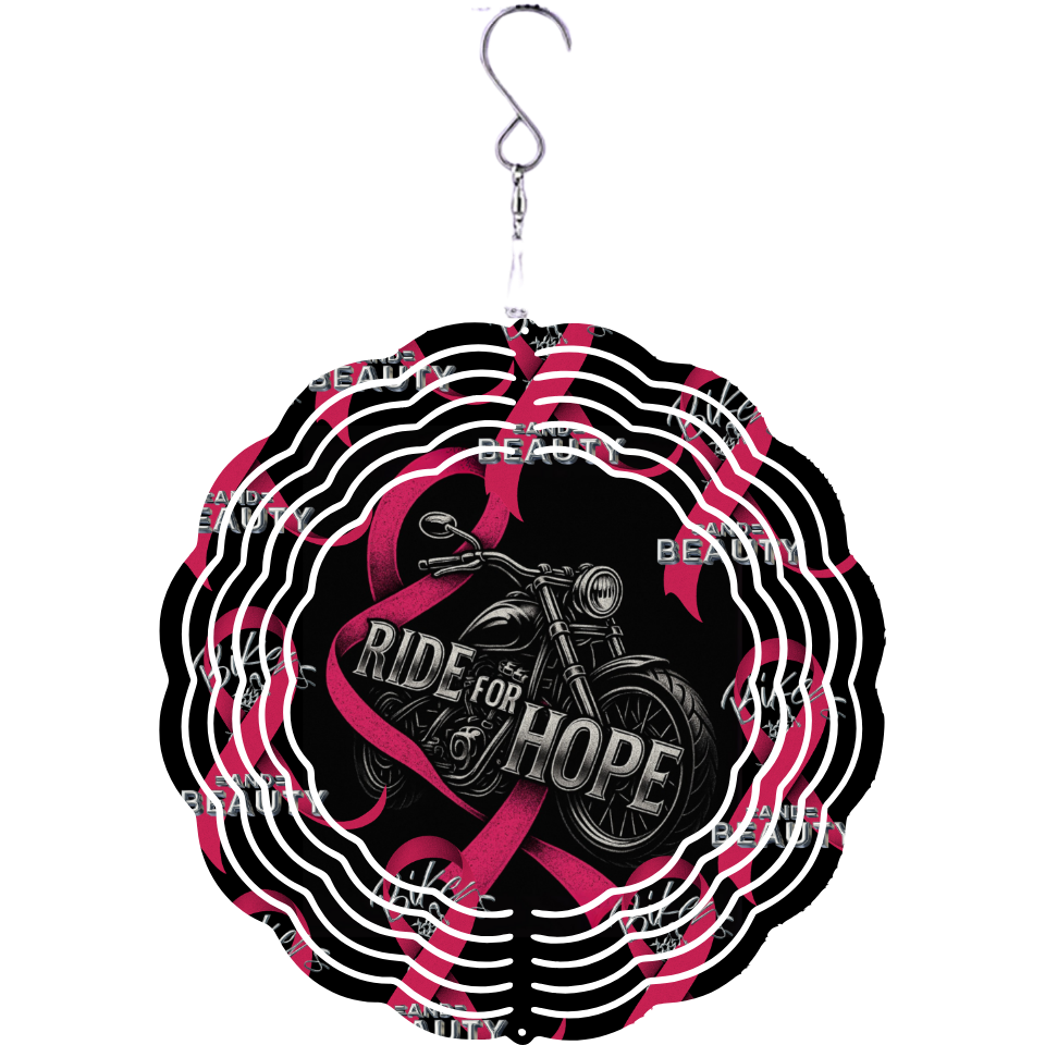 wind spinner with motorcycle and pink ribbons with text "Ride for Hope" and Bikers and Beauty logo