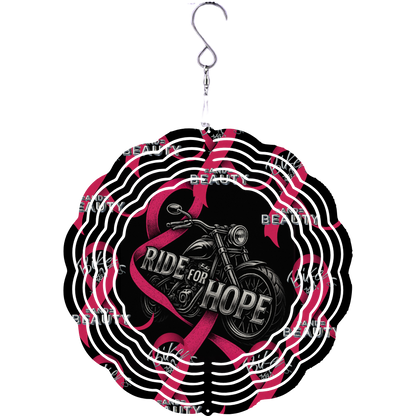 wind spinner with motorcycle and pink ribbons with text "Ride for Hope" and Bikers and Beauty logo