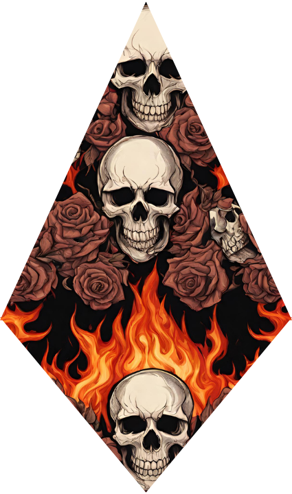 Diamond-shaped design with skulls and roses on a white background