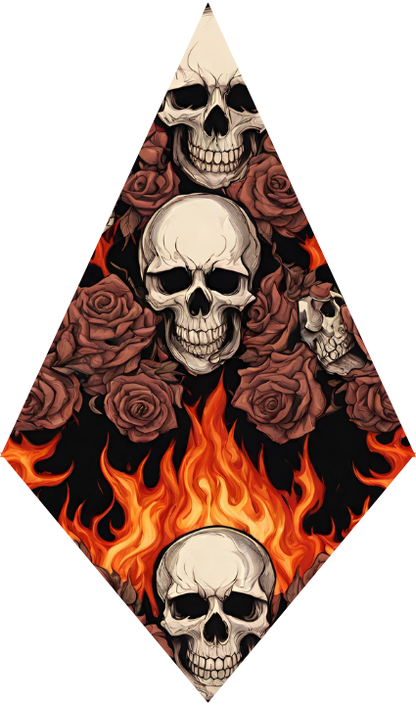 Diamond-shaped design with skulls and roses on a white background
