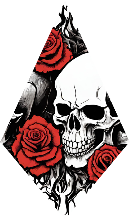 Skull and red roses design with black accents on a white background