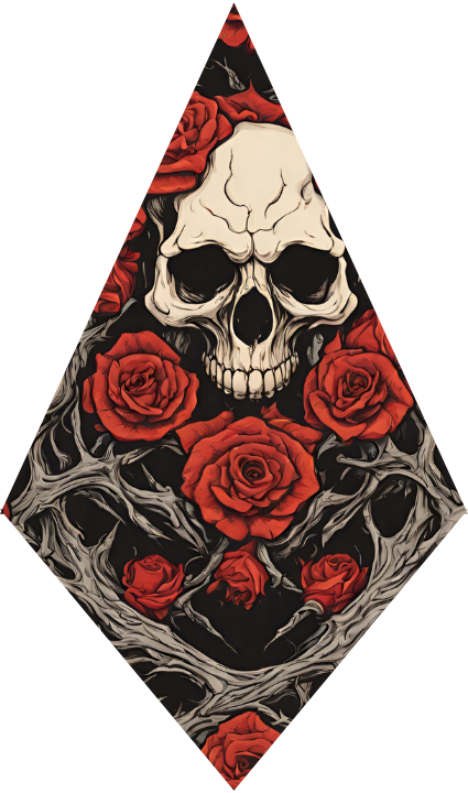 Diamond-shaped design with a skull and red roses on a black background