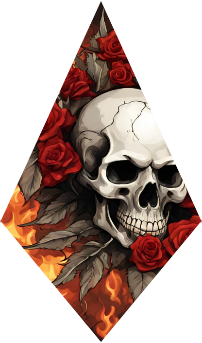 Skull with red roses and flames on a white background