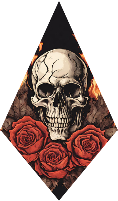 Skull with red roses and flames on a black background