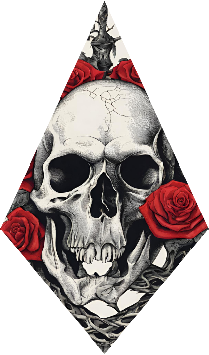 Skull with red roses and a helmet on a white background