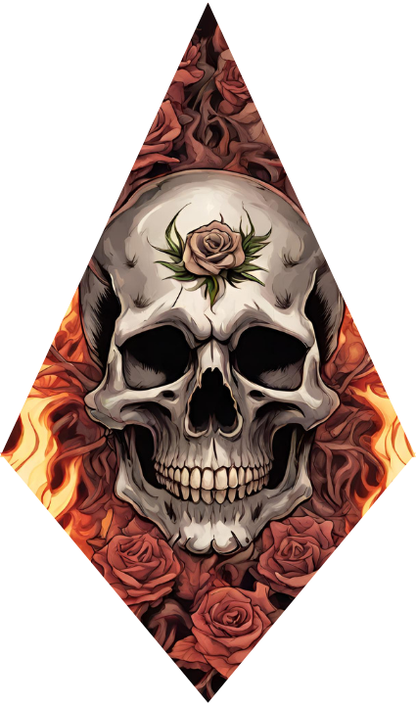 Skull with rose tattoo on a diamond-shaped background with flames and roses