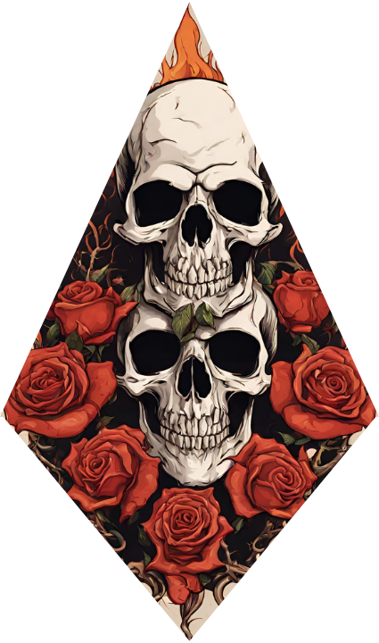 Diamond-shaped design with skulls and red roses on a black background