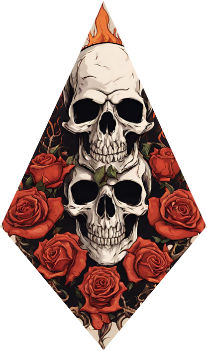 Diamond-shaped design with skulls and red roses on a black background