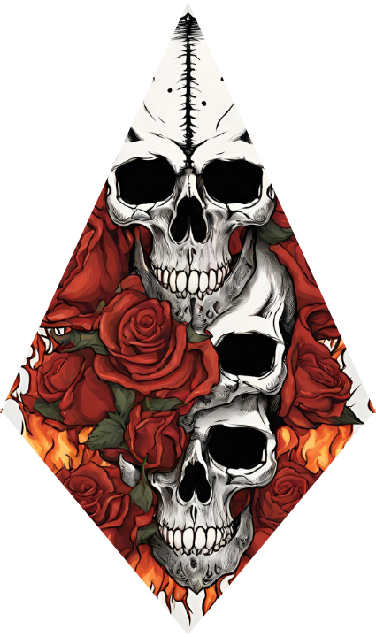 Design with skulls and red roses on a white background