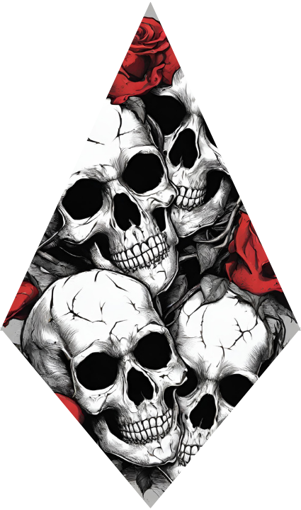Diamond-shaped design with skulls and red roses on a white background