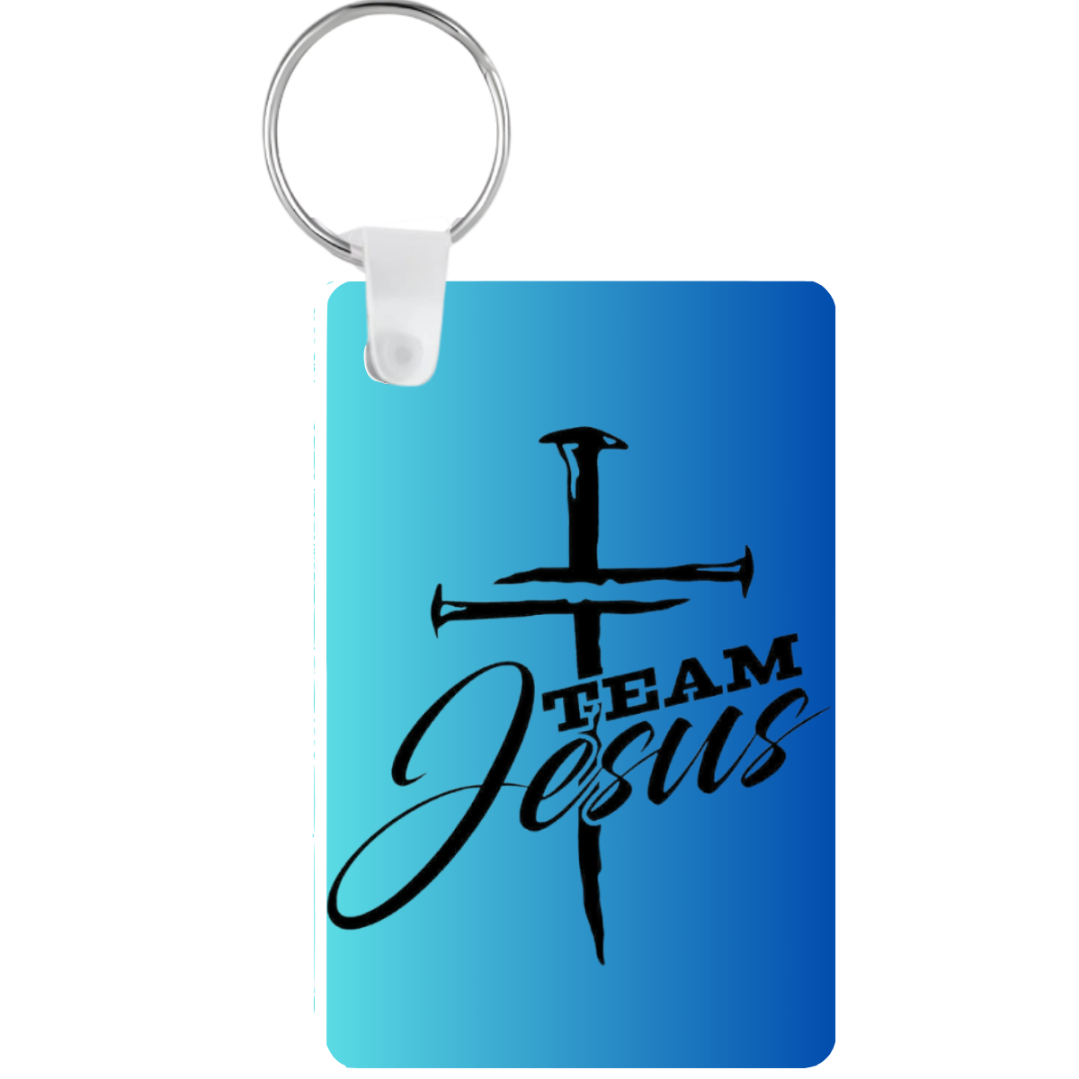 Keychain with 'Team Jesus' design on a blue gradient background