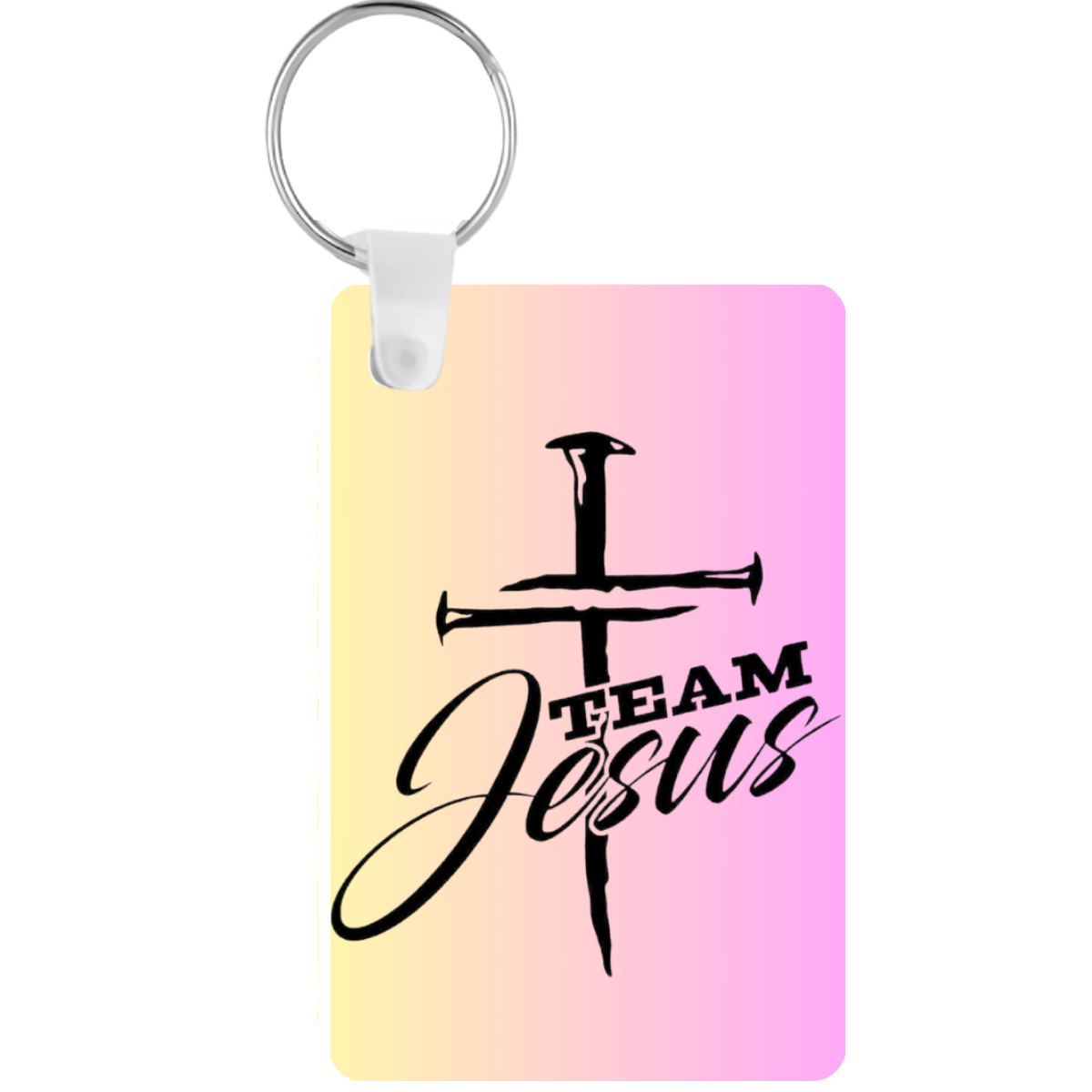 Keychain with cross design and 'Team Jesus' text on a gradient background