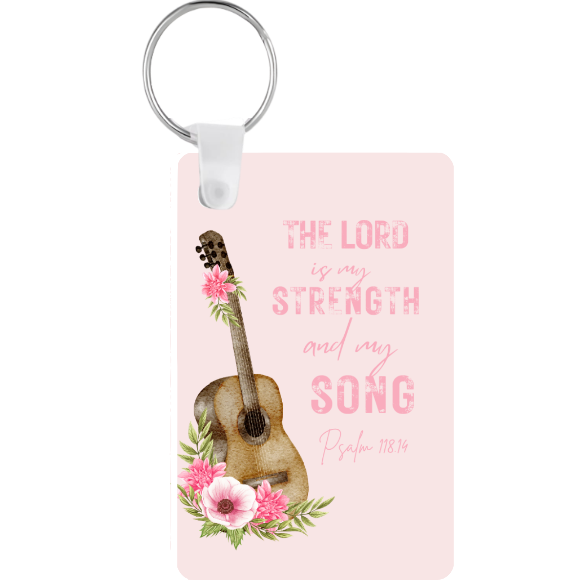 Keychain with guitar design, flowers, and text on a pink background