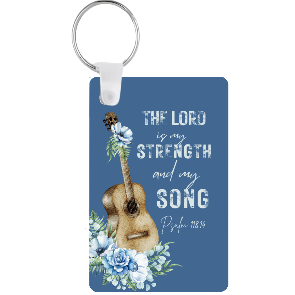 Keychain with guitar design, flowers, and 'The Lord is my strength and my song' text on a blue background.
