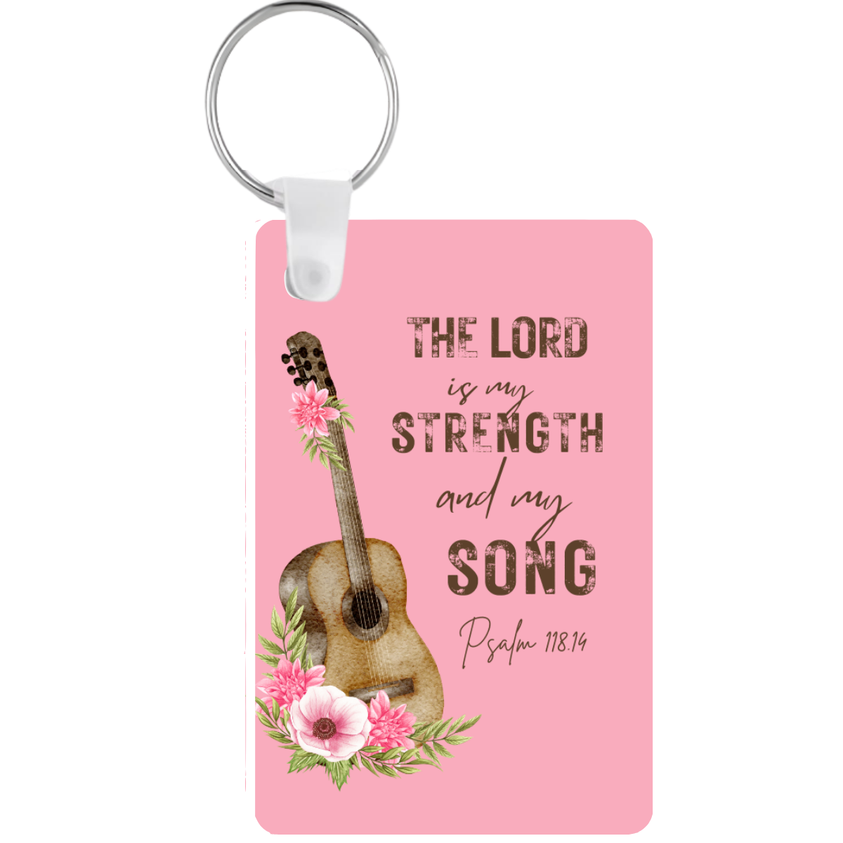 Keychain with guitar design, floral elements, and 'The Lord is my strength and my song' text on a pink background.
