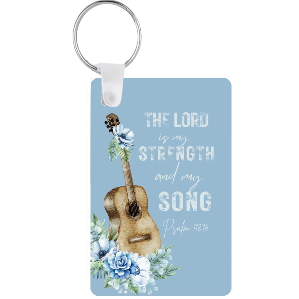 Keychain with guitar design, flowers, and text on a blue background