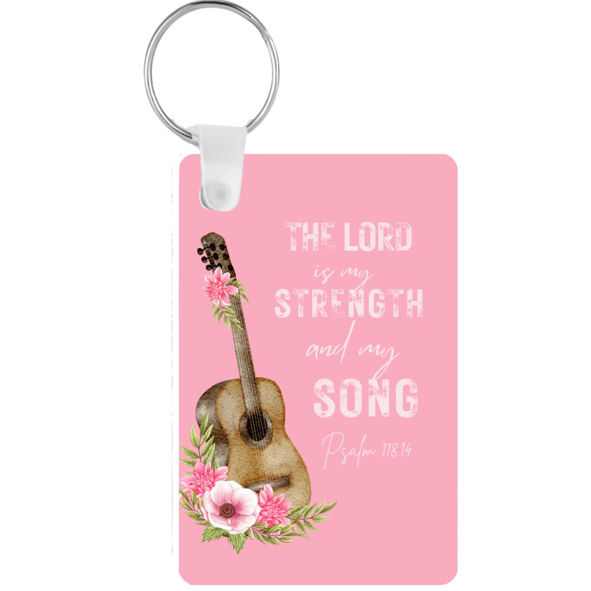 Keychain with guitar design, flowers, and 'The Lord is my strength and my song' text on a pink background