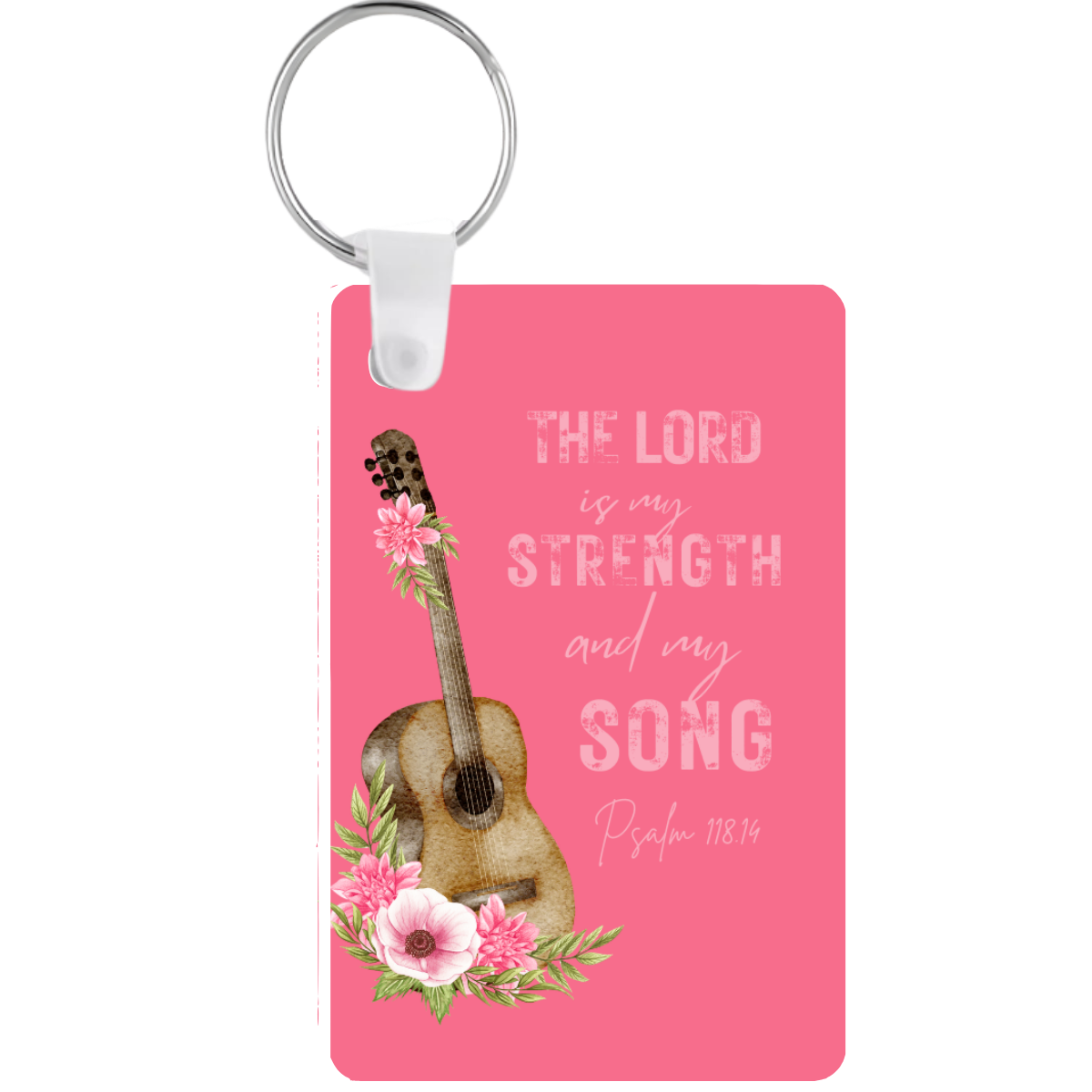 Keychain with guitar design, flowers, and text on a pink background